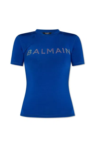 Balmain Logo Embellished Crewneck Swim Top In Blue