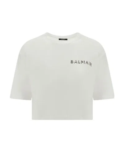 Balmain Logo-embellished Crop T-shirt In White