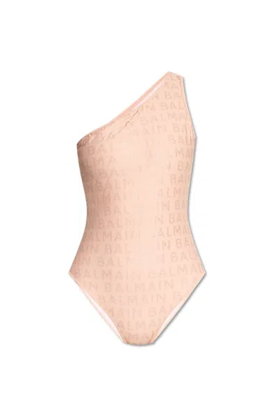 Balmain Logo-print One-shoulder Swimsuit In Pink