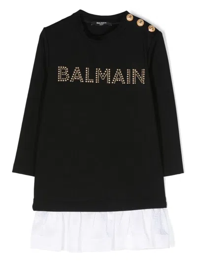Balmain Kids' Logo-embellished Sweatshirt Dress In Black/white