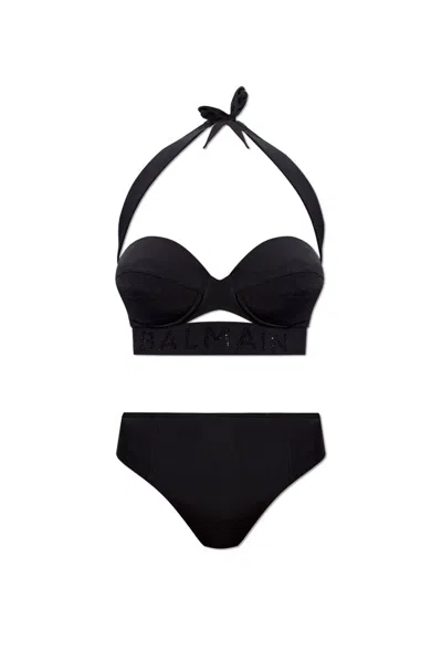 Balmain Logo-embellished Bikini Set In Black