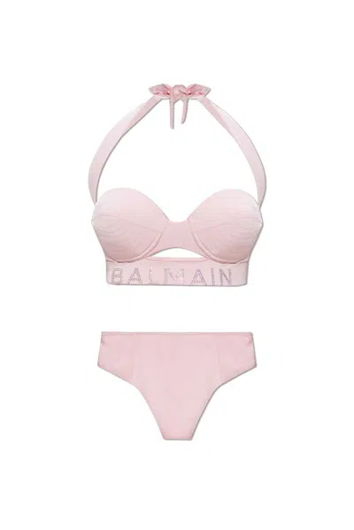 Balmain Logo-embellished Bikini Set In Pink