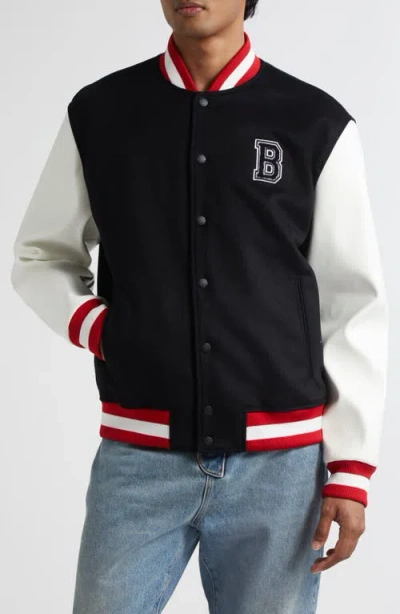 Balmain Logo Embellished Virgin Wool & Faux Leather Varsity Jacket