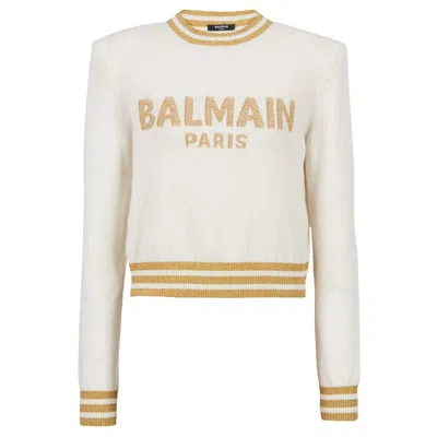 Balmain Logo Embossed Cropped Pullover In Multi