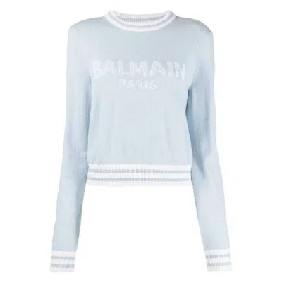 Balmain Logo Embossed Cropped Sweater In Blue