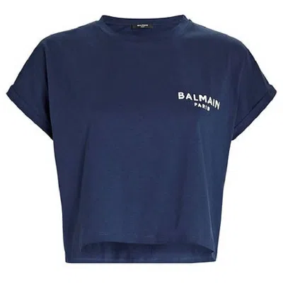Balmain Logo Embossed Cropped T Shirt In Blue