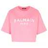 Balmain Logo Embossed Cropped T Shirt In Pink