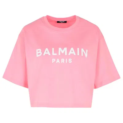 Balmain Logo Embossed Cropped T Shirt In Pink