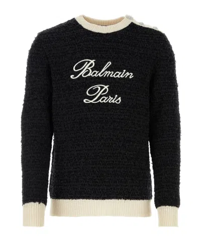 Balmain Logo-embroidered Bouclé Jumper In Black