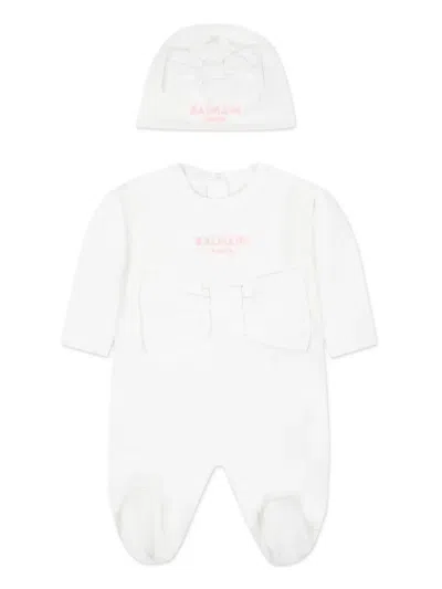 Balmain Logo-embroidered Cotton Babygrow Set In White
