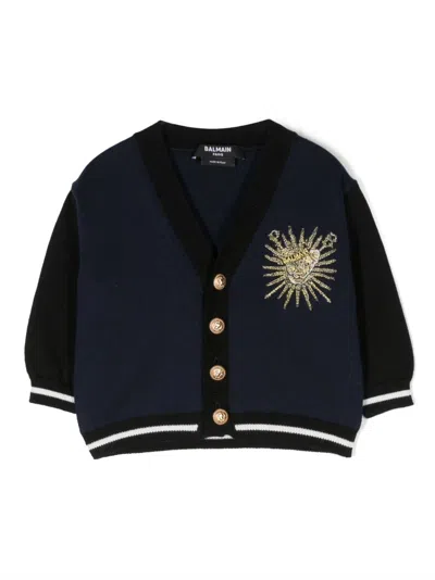 Balmain Babies' Logo-embroidered Cotton Cardigan In Blau