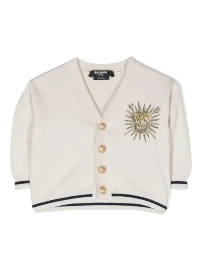 Balmain Babies' Logo-embroidered Cotton Cardigan In Nude