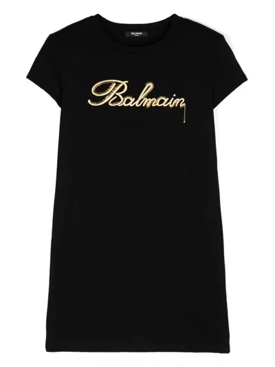Balmain Kids' Girls Black Embroidered Cotton Dress