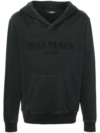 Balmain Logo-embroidered Cotton Hoodie In Black