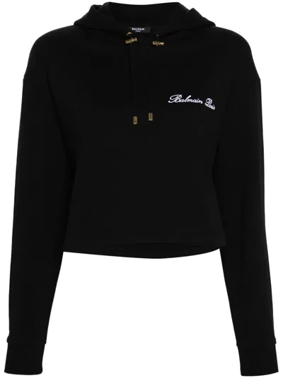Balmain Logo-embroidered Cotton Hoodie In Schwarz