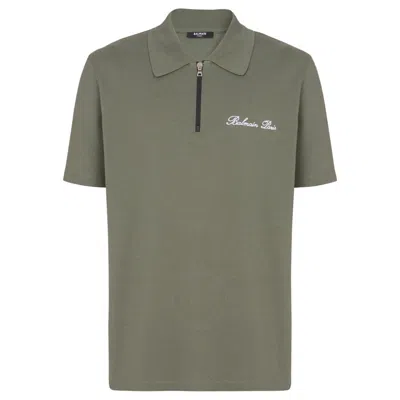 Balmain Logo-embroidered Cotton Polo Shirt In Green