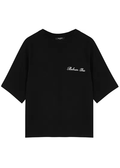 Balmain Logo-embroidered Cotton T-shirt In Black And White