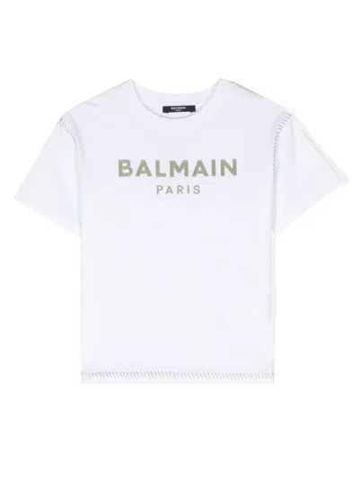 Balmain Kids' Logo-embroidered Cotton T-shirt In White