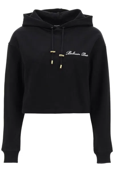 BALMAIN LOGO EMBROIDERED CROPPED HOODIE FOR WOMEN