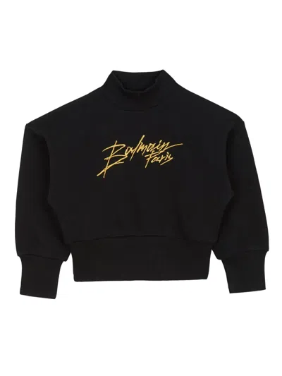 Balmain Kids' Logo-embroidered Cropped Sweatshirt In Black