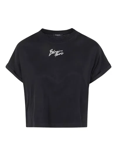 Balmain Logo Embroidered Cropped T-shirt In Black