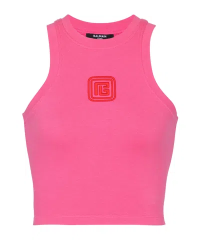 Balmain Cropped Tank Top With Retro Pb Embroidery In Pink