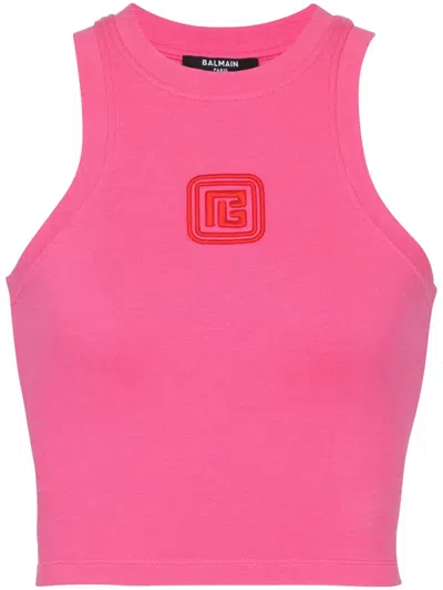 Balmain Cropped Tank Top With Retro Pb Embroidery In Pink