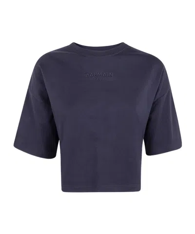 Balmain Logo Embroidered Cropped T-shirt In Blue