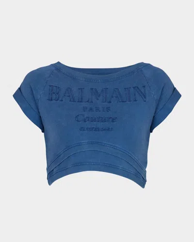 Balmain Logo Embroidered Double Hem Crop T-shirt In Blue