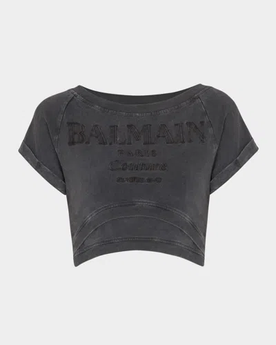 Balmain Logo Embroidered Double Hem Crop T-shirt In Black