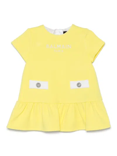 Balmain Babies' Logo-embroidered Dress In Yellow