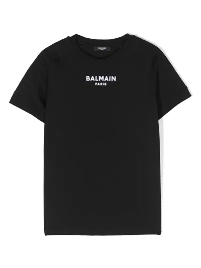 Balmain Kids' Logo-embroidered Embossed-shoulders T-shirt In Black
