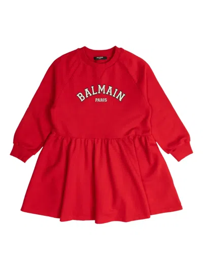 Balmain Kids' Logo-embroidered Flared Dress In Purple