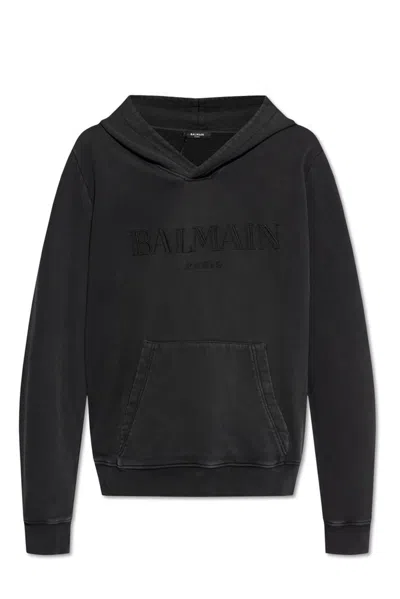 Balmain Logo Embroidered Hooded Sweatshirt In Black