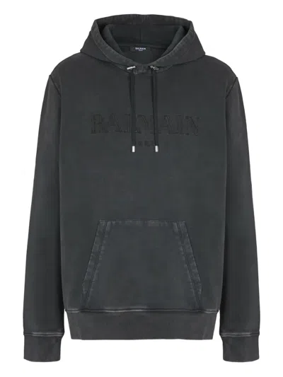 Balmain Logo-embroidered Cotton-jersey Hoodie In Gray