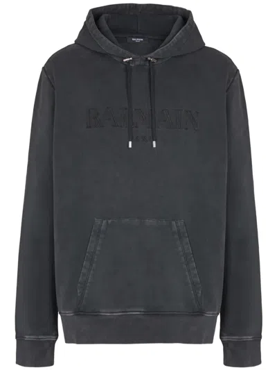 Balmain Logo-embroidered Hoodie In Gray