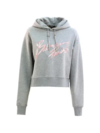 Balmain Logo-embroidered Hoodie In Gray