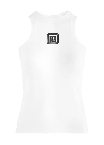 Balmain Logo-embroidered Jersey Tank In White And Black