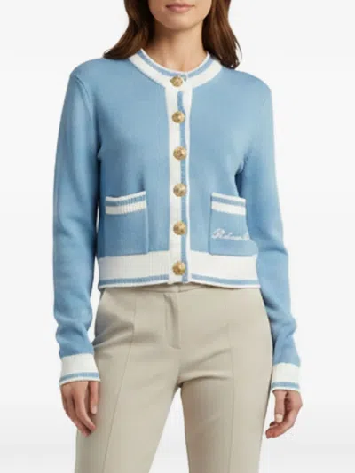 Pre-owned Balmain Logo Embroidered Knit Cardigan In Blue