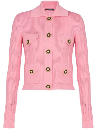 Balmain Buttoned Pointelle Rib Knit Crop Cardigan In Pink