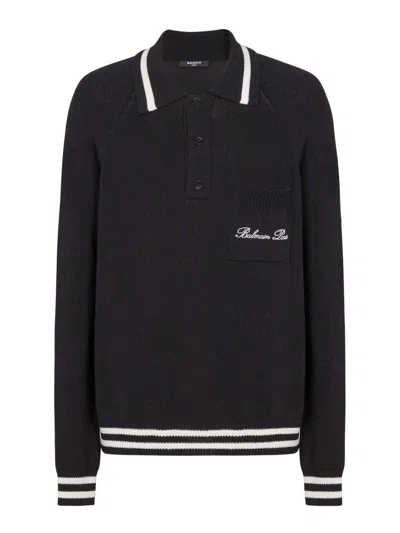 Balmain Logo-embroidered Long-sleeved Polo Shirt In Black