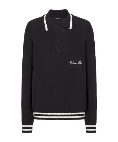 Balmain Logo-embroidered Long-sleeved Polo Shirt In Black