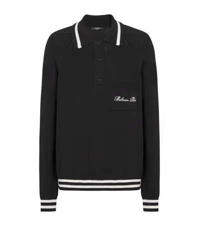 Balmain Logo-embroidered Long-sleeved Polo Shirt In Black