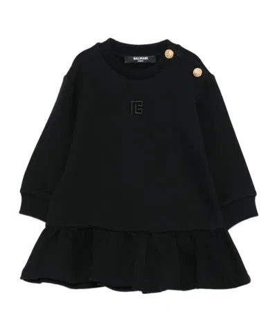 Balmain Kids' Logo-embroidered Ruffled Casual Dress In Black