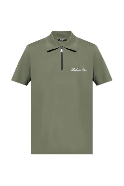 Balmain Logo-embroidered Cotton Polo Shirt In Green