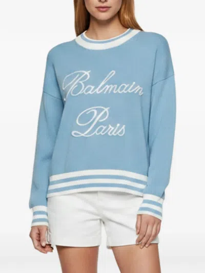 Pre-owned Balmain Logo Embroidered Sweater In Blue