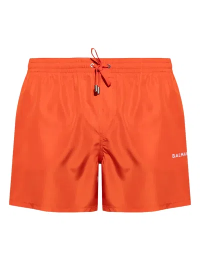 Balmain Logo-embroidered Swim Shorts In Orange