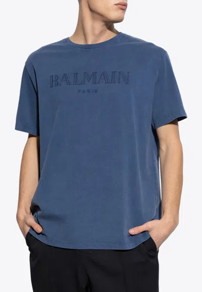Balmain Logo Embroidered T-shirt In Blue