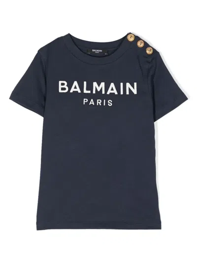 Balmain Kids' Logo-embroidered T-shirt In Blue