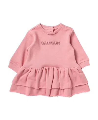 Balmain Logo-embroidered Tiered Dress In Pink